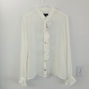 J.Crew Ivory Ruffle Front Button Blouse Gold Buttons BP573 SP23 Womens Size 10